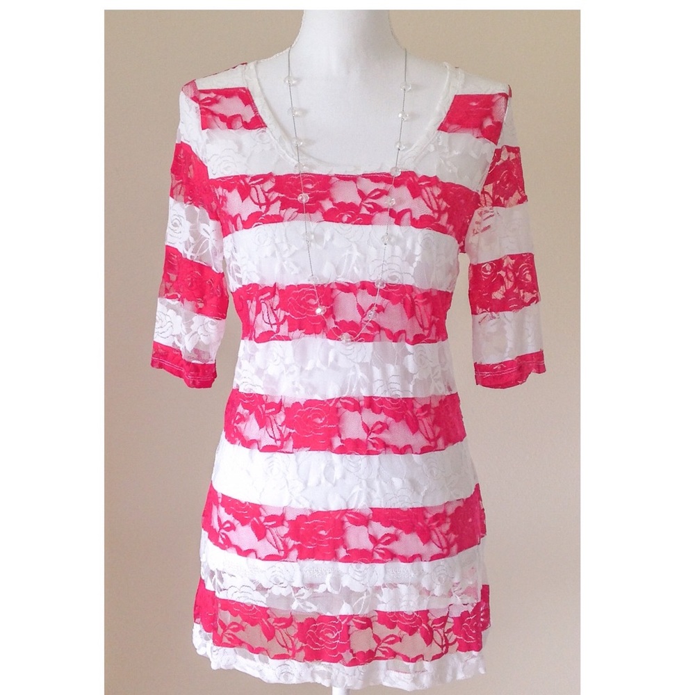 🆕 WALLFLOWER Hot Pink & White Stripe Lace Top NWT